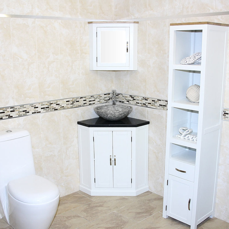 Andrin 550mm Single Bathroom Vanity with Vessel Stone Basin, Black Quartz, White