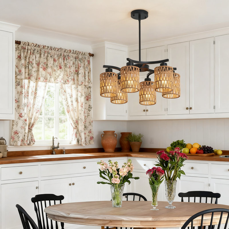 Lustre en rotin 6 lumières Oteedo, luminaire suspendu Boho Farmhouse de 21 pouces pour îlot de cuisine de salle à manger, luminaire suspendu à hauteur réglable avec fonction à intensité variable