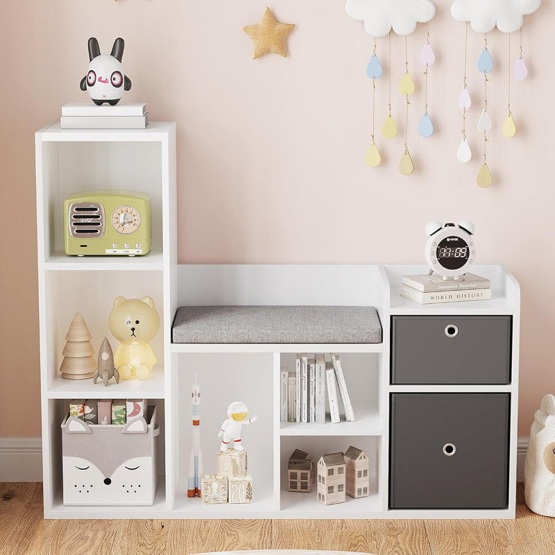 Kids Bookshelf 44.1in Width Toy Storage Organizer with Reading Nook White Bookcase Seat Cushion Wooden 6-Cubby Storage Bench 2 Drawers Toddler Cabinet Shelf for Kids Room, Playroom, Nursery