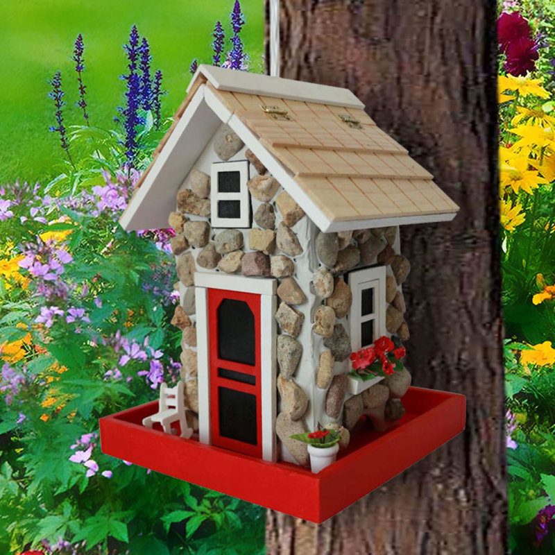 Handcrafted Stone Cottage Birdhouse with Red Accents