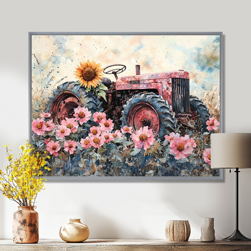 Dorcer Sunflowers by The Old Tractor I - ferme, art mural, Argent argent, Impression encadrée flottante, H 24 po x l 32 po