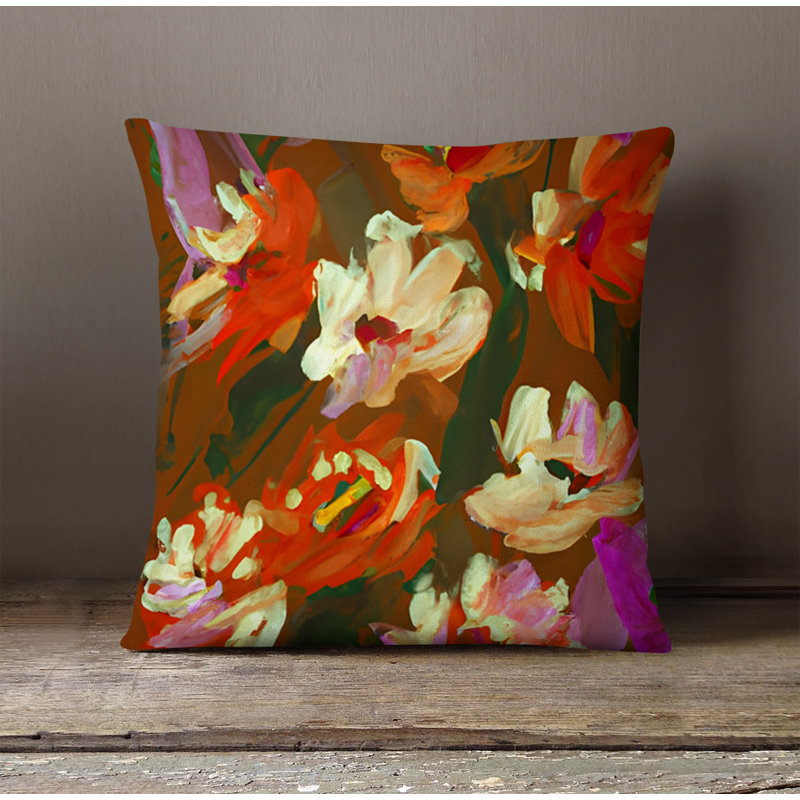 Throw Pillow With Insert, Green/Orange Floral 3, 20"H x 20"W