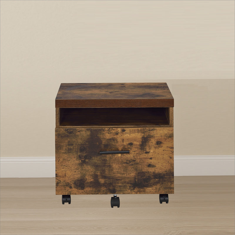 Industrial Style 1pc File Cabinet with Drawer and Shelf Caster Wheels Wooden Weathered Oak Finish, File Storing Unit Home Office Furniture