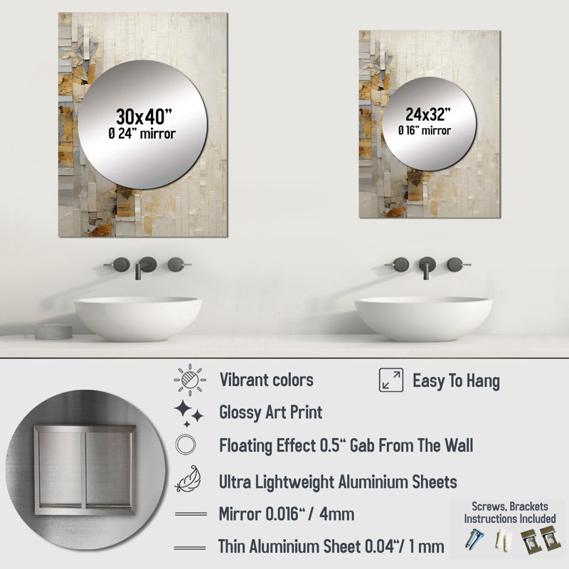 Or et blanc abstrait divisé - formes abstraites, miroir mural, miroir beige, impression sur métal, 40 po x 30 po