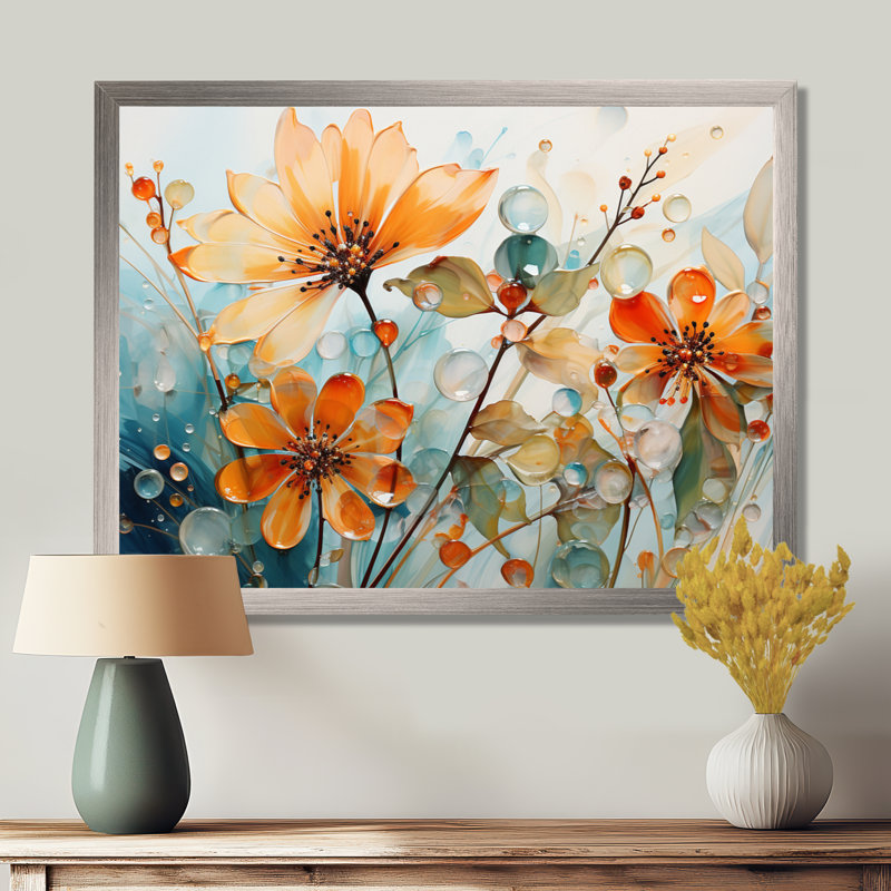 «Peach Transparent Botany Floral Elegance - Plants», reproduction d'art sur toile, Cadre photo argenté