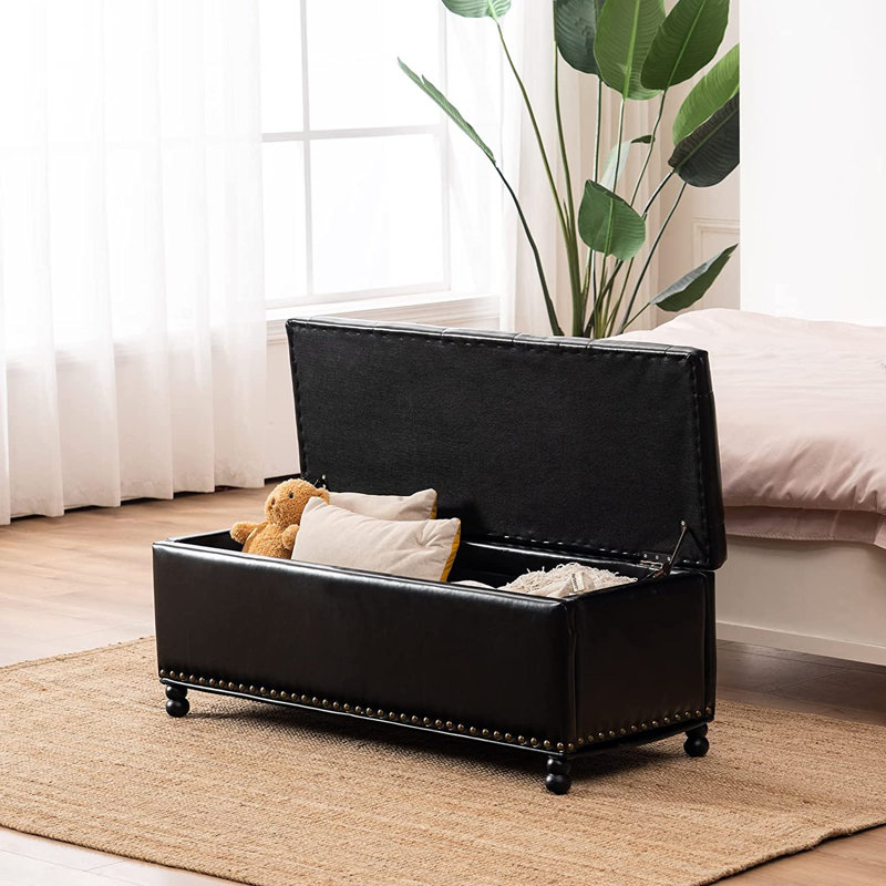 Banc de rangement avec repose-pieds, repose-pieds de 46 po en similicuir avec rangement pour le salon, banc de bout de lit pour la chambre à coucher, banc d'entrée avec rangement, noir