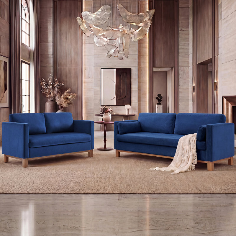 Ensemble de canapé de salon 2 pièces Mid-Century , Blue Velvet
