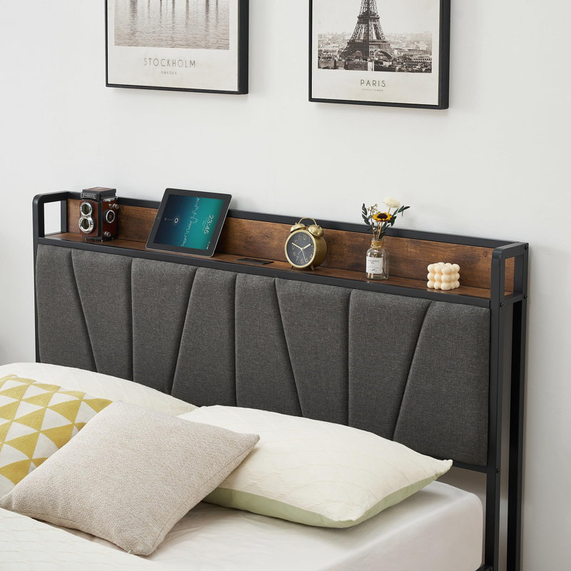 Breelee Linen Upholstered Bed Frame with Storage Headboard and 2 Drawers, Platform Bed with Built-in Charging Station, Heavy Duty, No Box Spring Needed, Easy Assembly, Noise Free