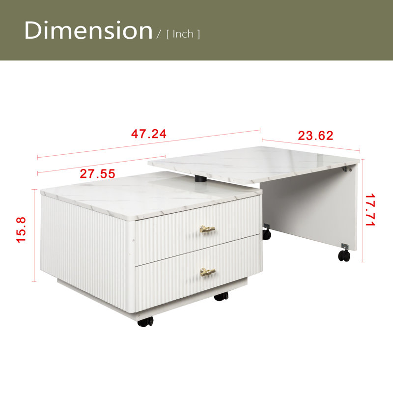 Table basse extensible avec rangement, table de salon réversible à 2 tiroirs et à 6 roulettes