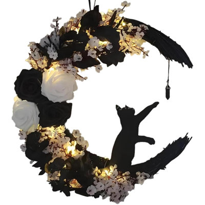Halloween Wreaths For Front Door Flower Moon Cat Halloween Door Wreath Light Up Black Halloween Wreath Halloween Garland Halloween Door Decorations For Front Door Wall Window Home Party Decor (B)