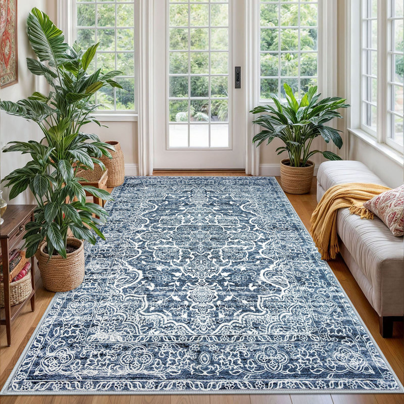 Area Rug Machine Washable Rugs with Rubber Backing for Living Room, Rectangle 4' x 6'