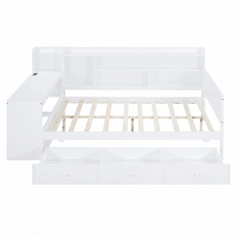 Lit de jour en bois avec 3 tiroirs, ports USB et bureau, Complet/Double, Blanc