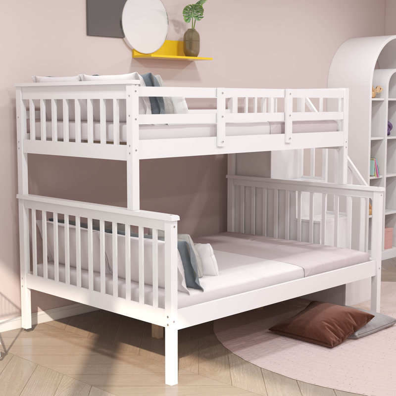 Lit superposé simple au-dessus d'un lit double en bois avec tablettes, Blanc