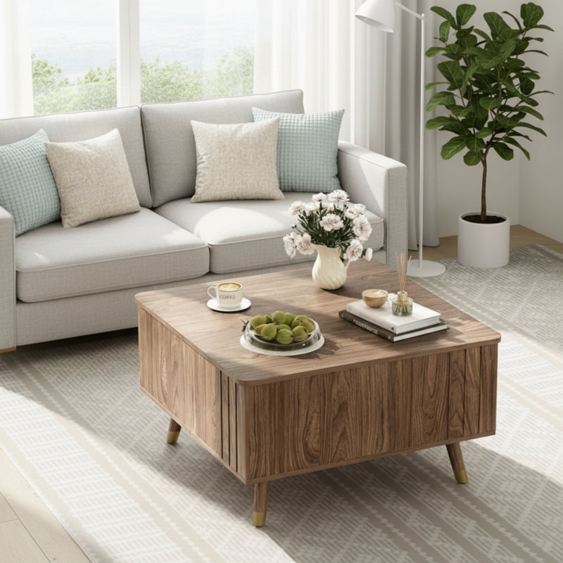 Table basse réglable en hauteur en bois de noyer foncé de style moderne Mid-Century, grand carré avec compartiments de rangement cachés, convient aux bureaux à domicile / salons.