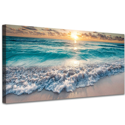 Grande art mural sur toile côtière Vivid Ocean Beach Sunset Prints, impression sur toile de bord de mer, prêt à accrocher, plage, art mural, paysage, photo, peinture pour le salon, la chambre, le bureau, la salle de bain, 30 po x 60 po