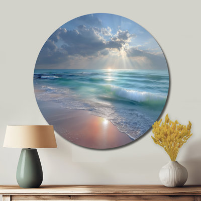 White And Pink Sunset Gentle Waves - Coastal Beach Round Metal Wall Art