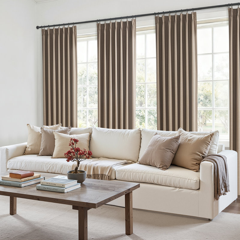 100%Full Blackout Linen Curtains,Pinch Pleated Curtains,Lined Drapes Set of 2(With Hooks and Rings), Dark Flax