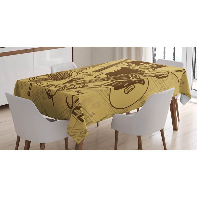 Ambesonne Music Tablecloth, Jazz Music Equipments With Vintage Background Retro Style In Music Themed Print, Rectangular Table Cover For Dining Room Kitchen Decor, 52" X 70", Cream Brown