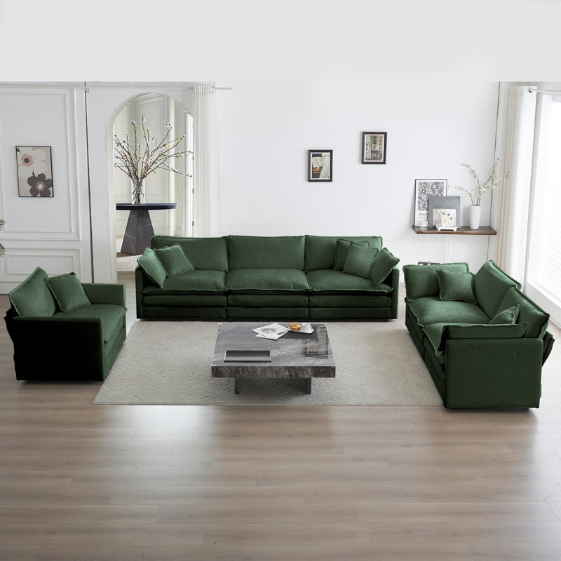 Ensemble de conversation avec canapé en tissu chenille Athenia, Chenille verte, 2 Sofas + 1 Chair