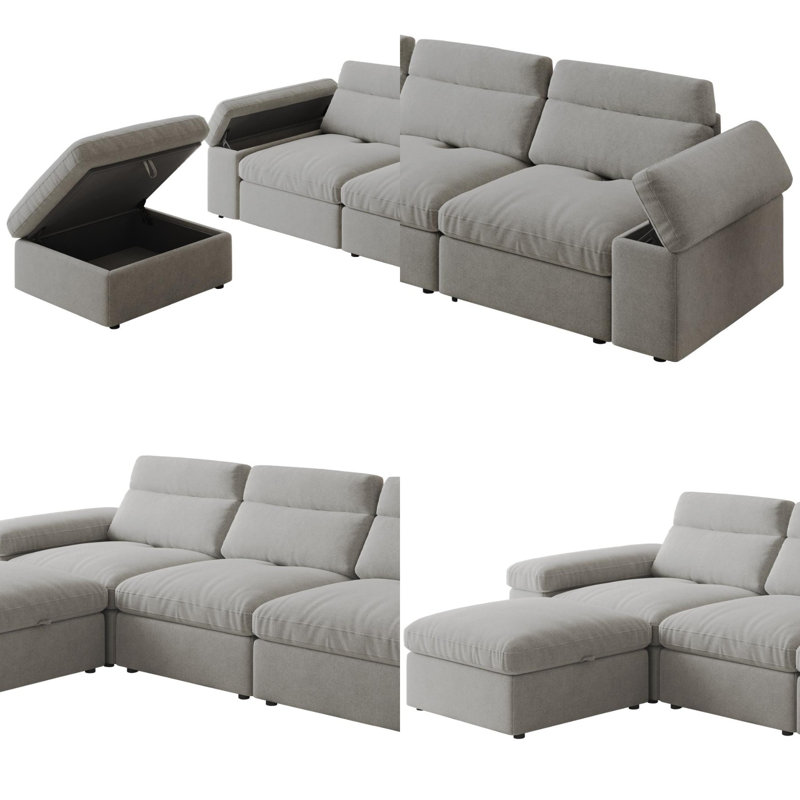 Canapé modulaire en forme de L 114 po avec dossier réglable et repose-pieds avec rangement, canapé-lit compressé rembourré avec accoudoirs de rangement pour le salon