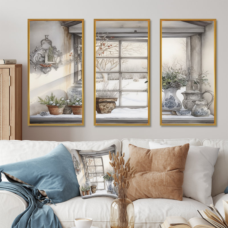 Fenêtres, charme de l'hiver scandinave - ensemble d'impression d'art mural scandinave, Cadre flottant doré