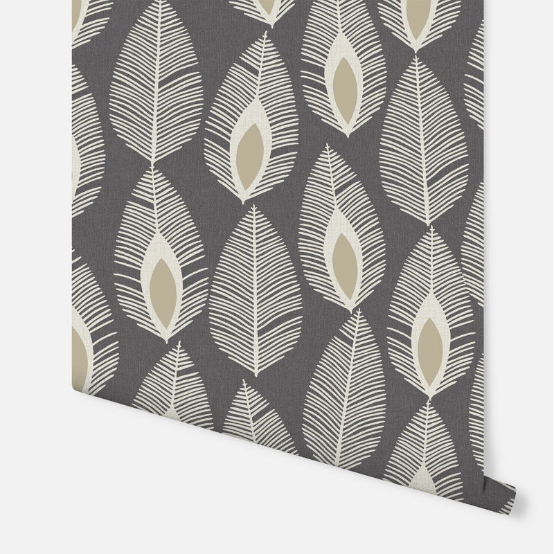 Arthouse Glam Feather Leaves Charcoal Black Metallic Textured Wallpaper