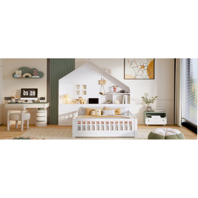 Full Size House Bed With Window And Bedside Drawers, Platform Bed With Shelves And A Set Of Sockets And USB Port, White