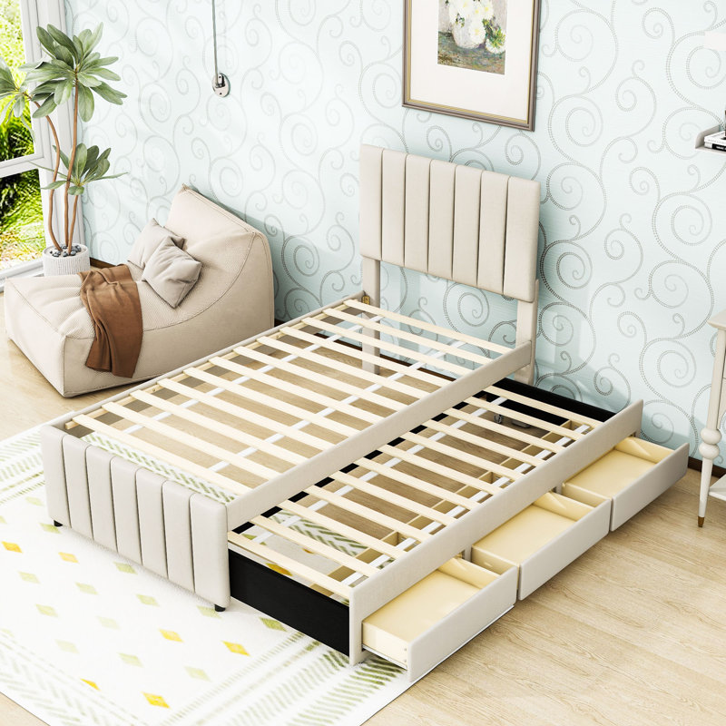 Upholstered Platform Bed with Trundle and 3 Drawers, Beige, Twin
