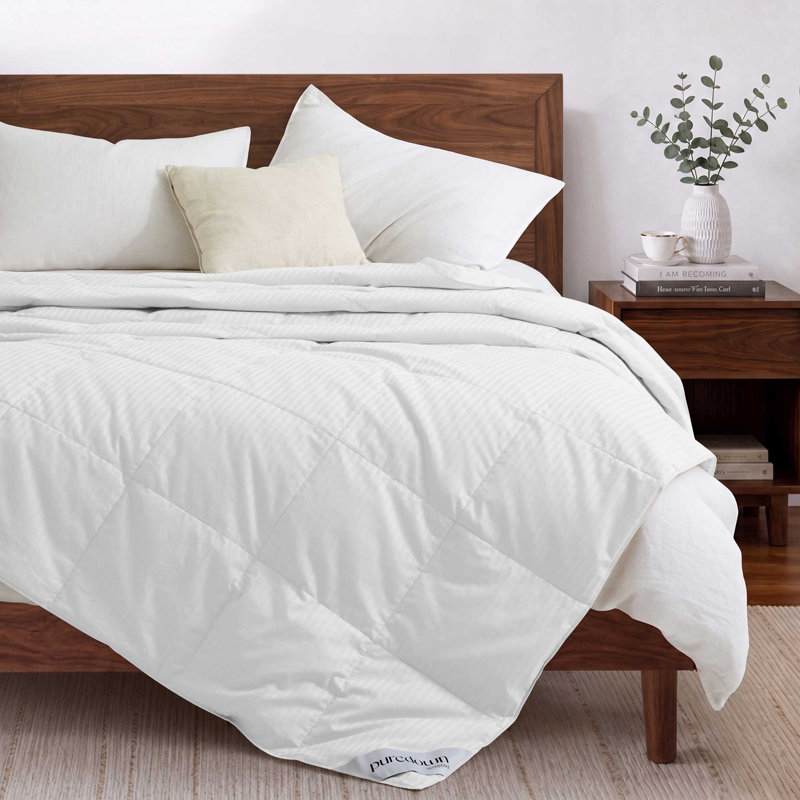 Couverture légère en duvet de canard blanc avec housse en coton rayé, Double/Grand, Blanc