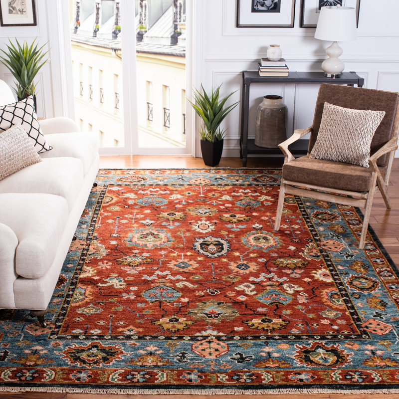 Southwestern Hand-Knotted Wool Red / Blue Area Rug, Rectangle 10' x 14'