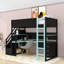 Lit mezzanine en bois avec bureau, tablettes et panneau perforé-493078747-493078745