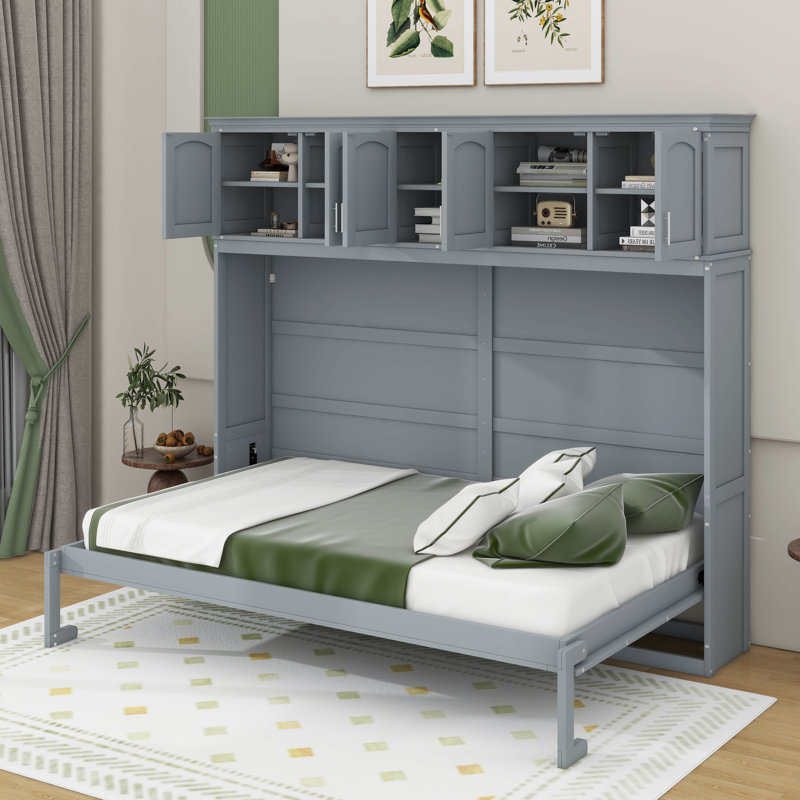 Lit escamotable mural avec armoires supérieures Murphy, Gris, Lit double