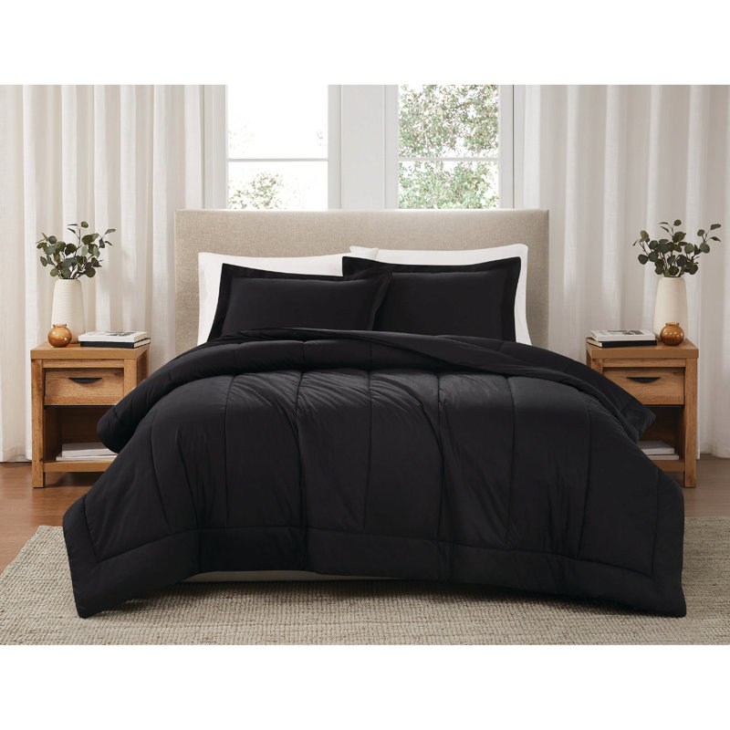 Ensemble d'édredon en percale de coton unie Brooklyn Loom, Très grand + 2 très grandes taies décoratives, Noir