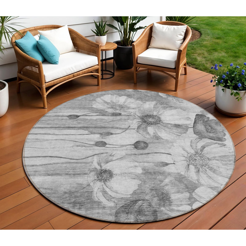 Tapis d'intérieur rond gris anthracite lavable floral 8 pi