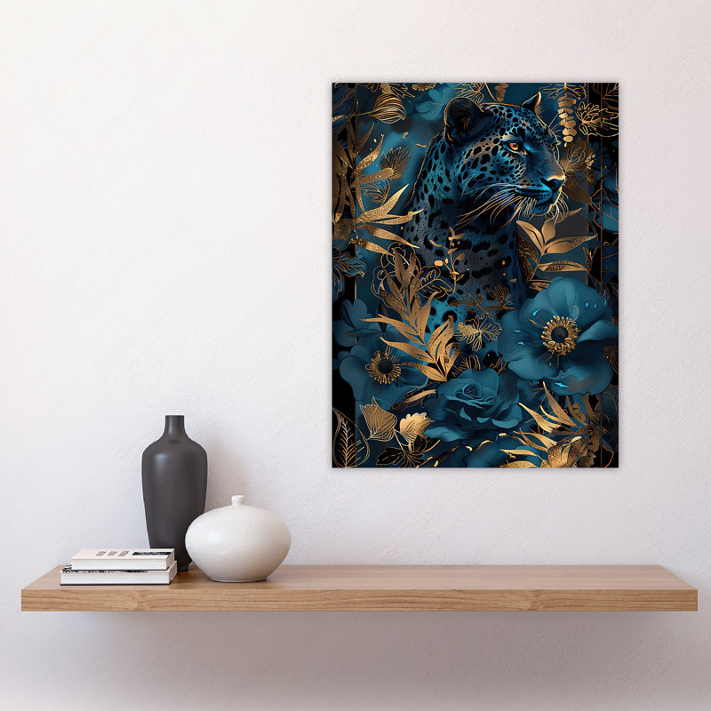 Elegant Cheetah With Blue Jungle Flowers Wall Art Print