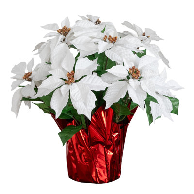 19in. Artificial Lush White Poinsettia Arrangement in Red Wrapped Planter