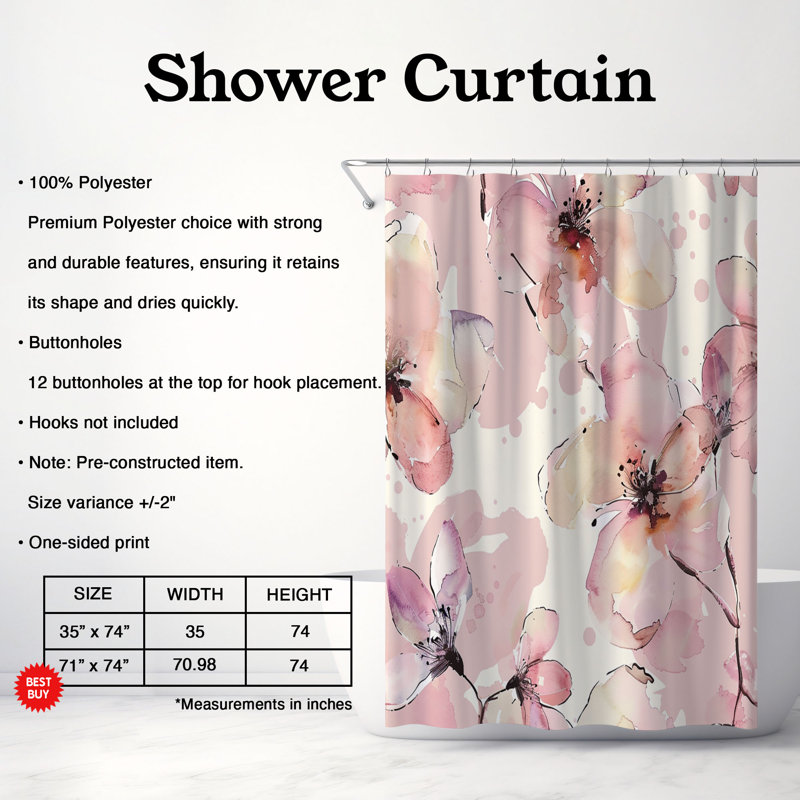 Rideau de douche 1 pièce Gentle Pink Florals, H 74 po x l 71 po