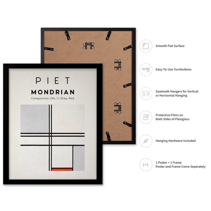 Piet Mondrian - Composition No1, Black Framed, Affiche, 11"H x 14"W