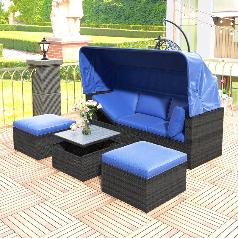 Lit de jour d'extérieur rectangulaire pour patio avec auvent rétractable, Bleu