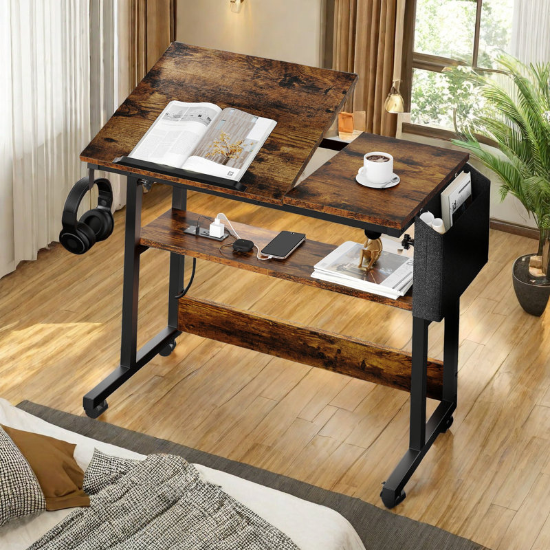 Brytanie Height Adjustable Standing Computer Desk with Power Outlets, Rustic Brown