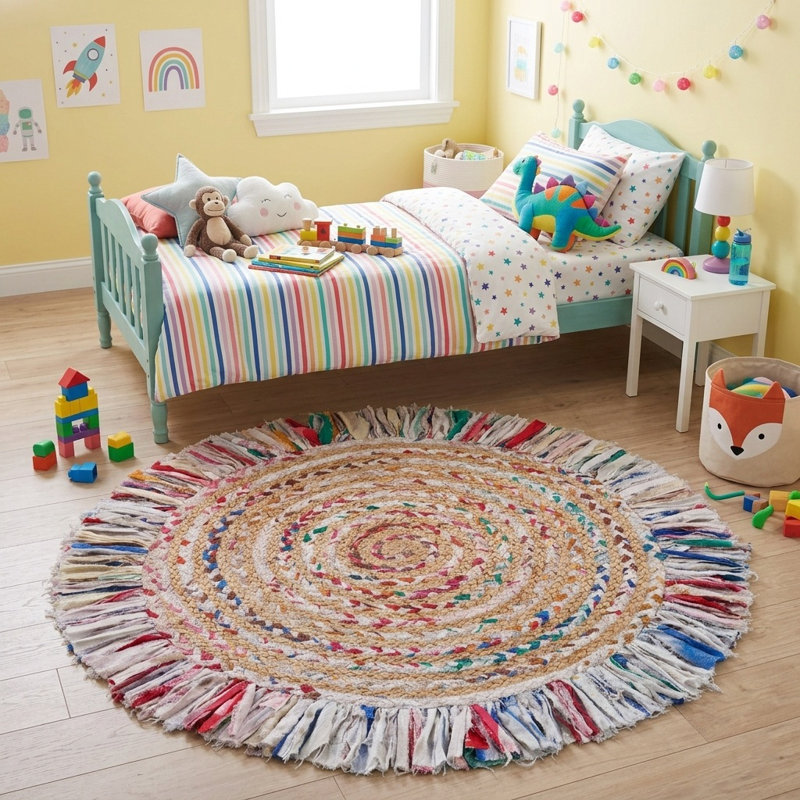 Whimsical Hand-braided Natural Fiber Jute Round Indoor Area Rug with Fringe, Round 3'6"