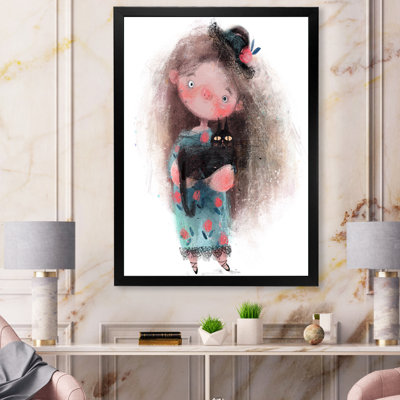 «Cute Little Girl with Hat and Black Cat», reproduction sur toile