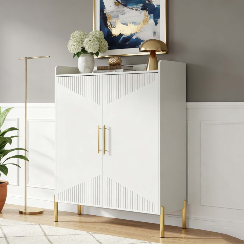 Modern Shoe Rack Organizer with Closed Storage Doors, White and Gold