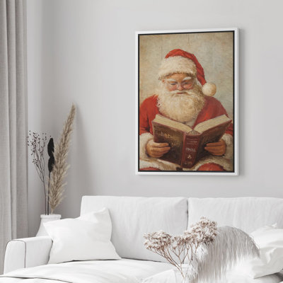 Red Santa Claus Reading a Book Traditional Santa Portrait Decor Illustration Modern Art Warm