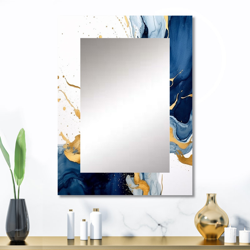 Montelimar bleu foncé et or coups II - miroir de fractales, miroir mural décoratif moderne, impression d'art en métal
