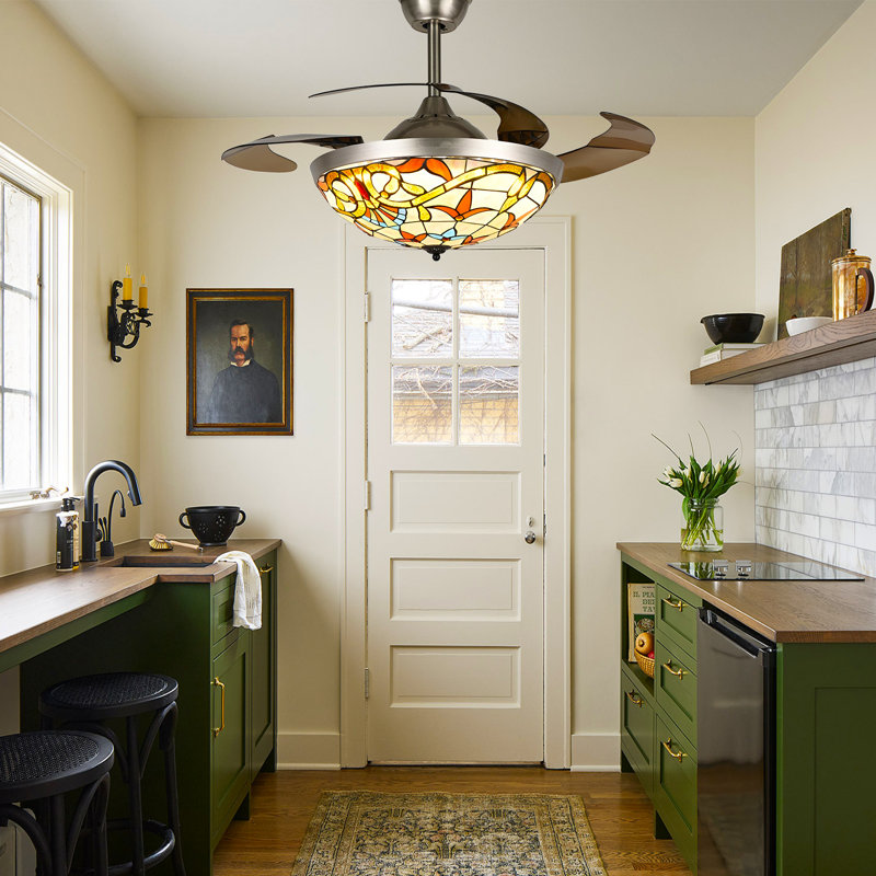 Dahlke 42" Tiffany Remote Control Invisible Ceiling Fan Light with LED Light - Professional Grade