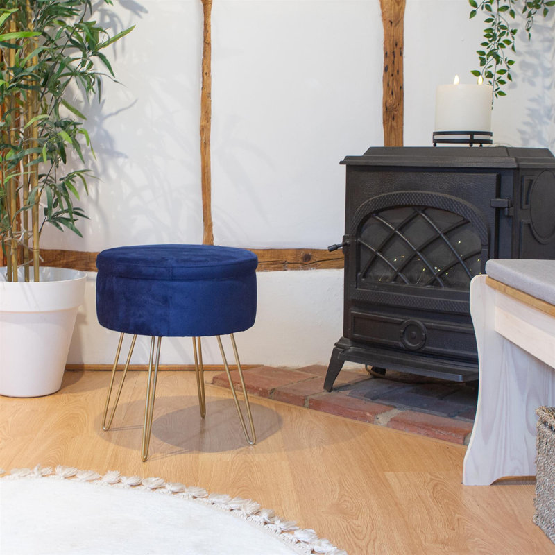 Harbour Housewares Round Velvet Storage Footstools - Pack of 2, Gold, Blue