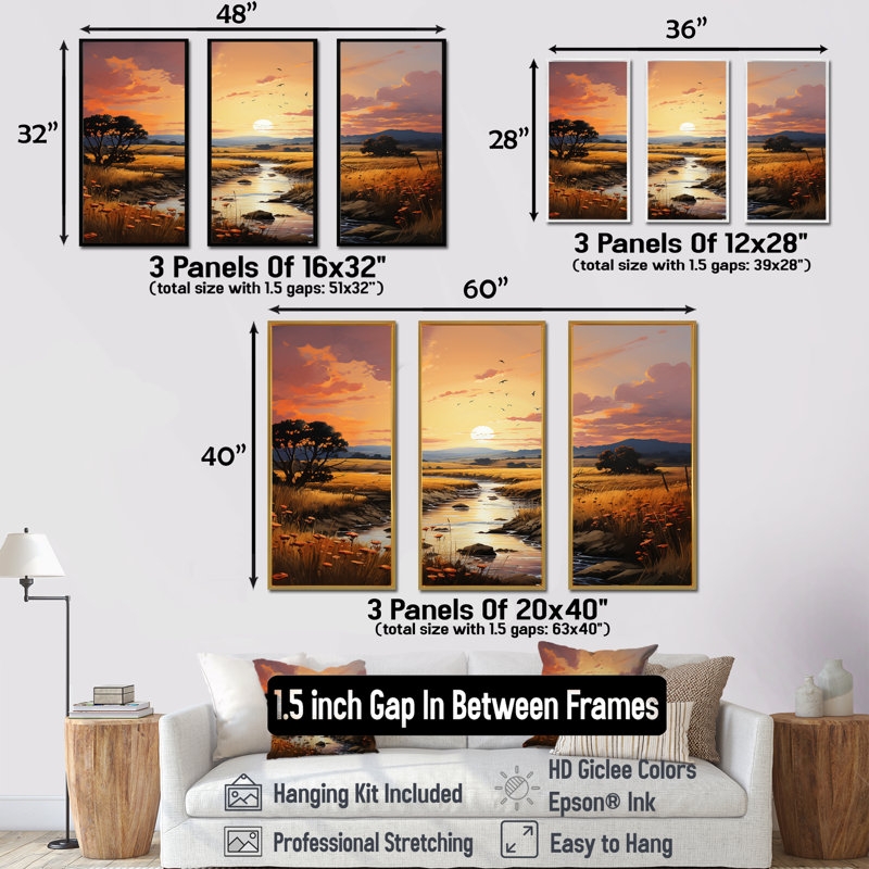 Ensemble de décorations murales Prairies Landscape Fusion At Sunset, H 40 po x l 60 po x P 1 po, Cadre flottant blanc