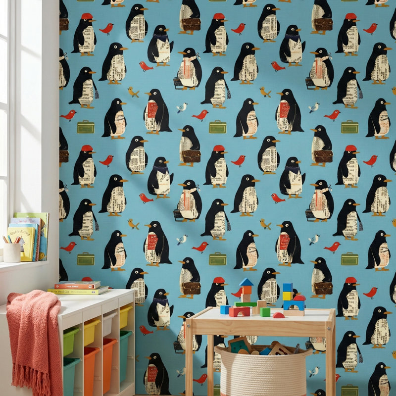 Murale de collage fantaisiste Penguins, Peler et coller