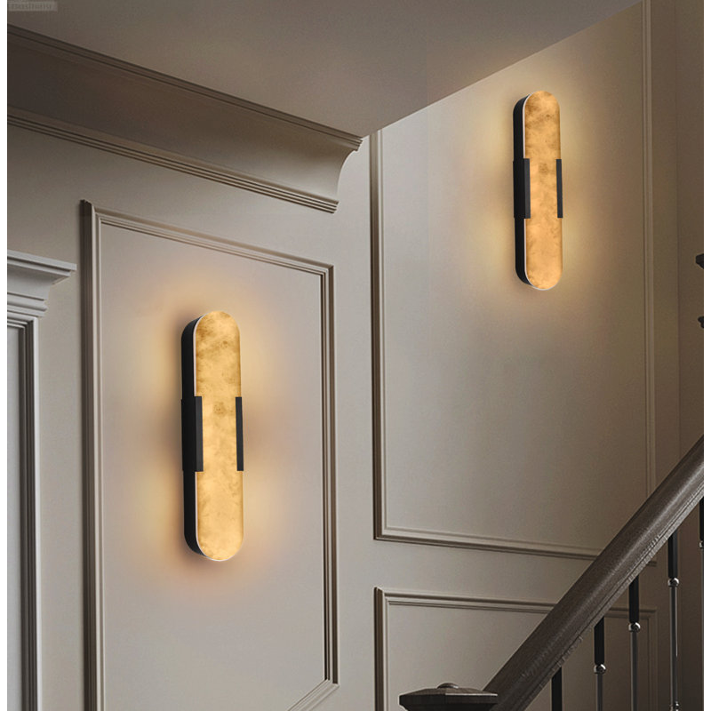 Ensemble de 2 appliques murales linéaires modernes à DEL intégrées en albâtre naturel, noir mat, Matte Black, L